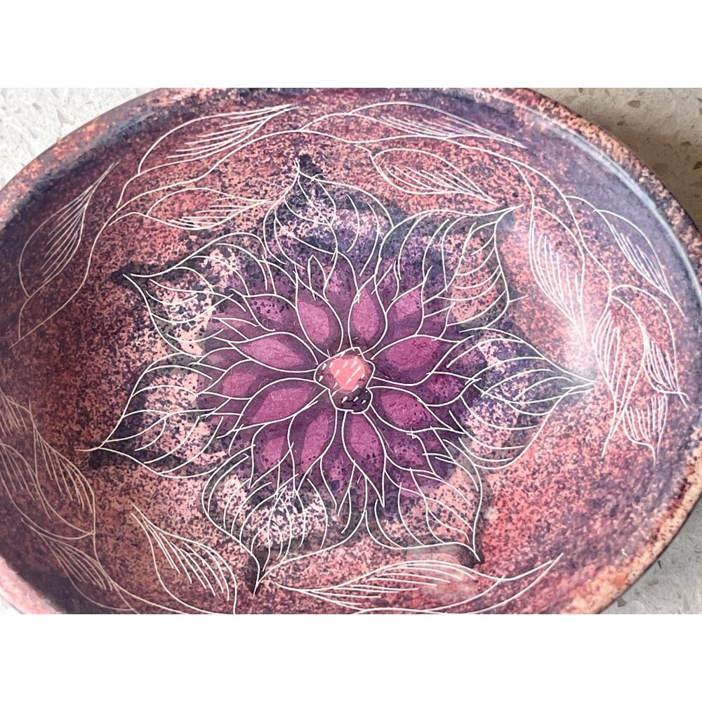 Signed Zebede Stone Trinket Soap Dish Engraved Lotus Handcrafted Mauve Purple